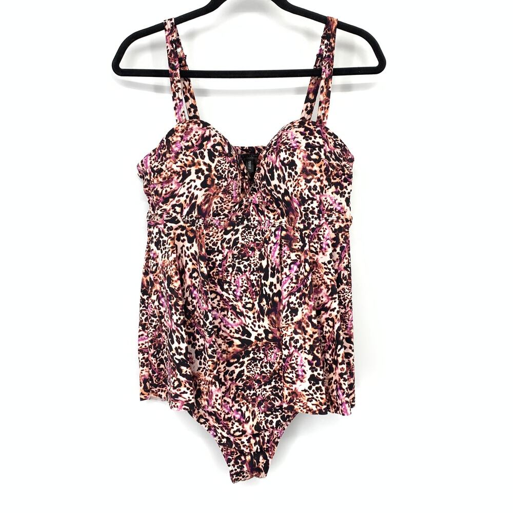 Torrid One Piece Skirted Swimsuit Womens 0X C/D Pink Tan Leopard Print Underwire